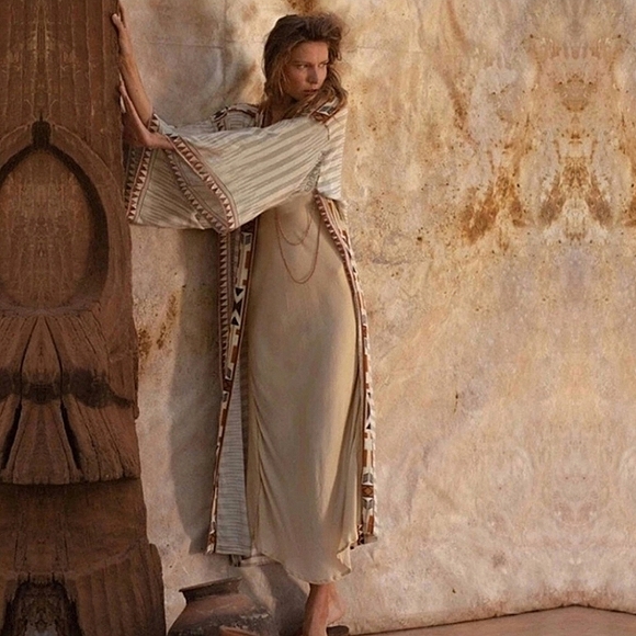 New Southwestern Tribal Kimono Duster Maxi Cardigan Jacket Tan Black - Picture 2 of 12